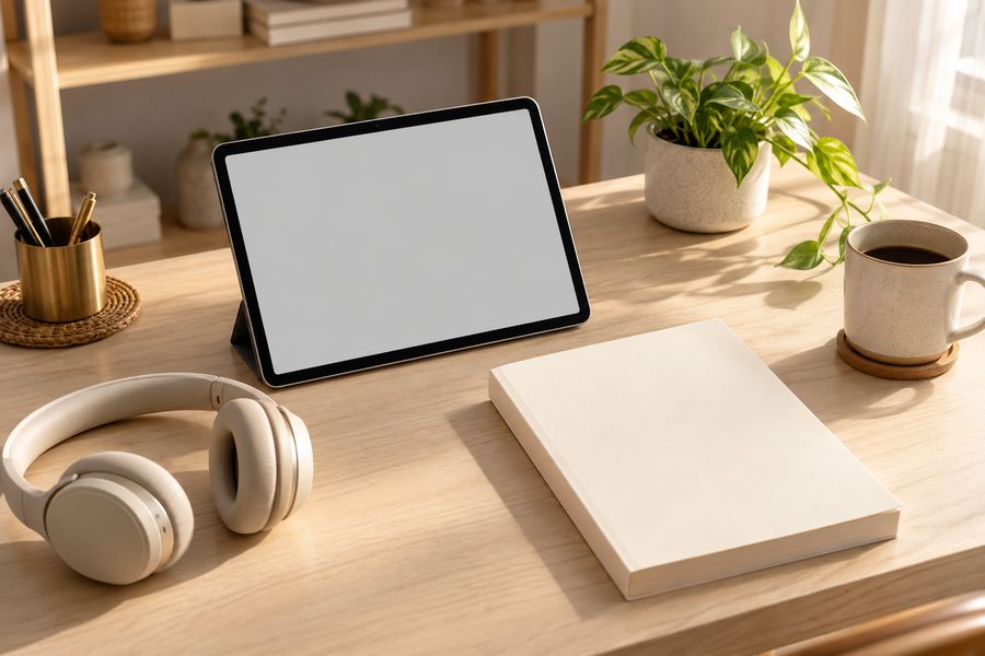 Foto suasana (dibuat AI, bukan foto usaha sungguhan): tablet di dudukan, headphone, buku, dan secangkir kopi di meja kayu terang.