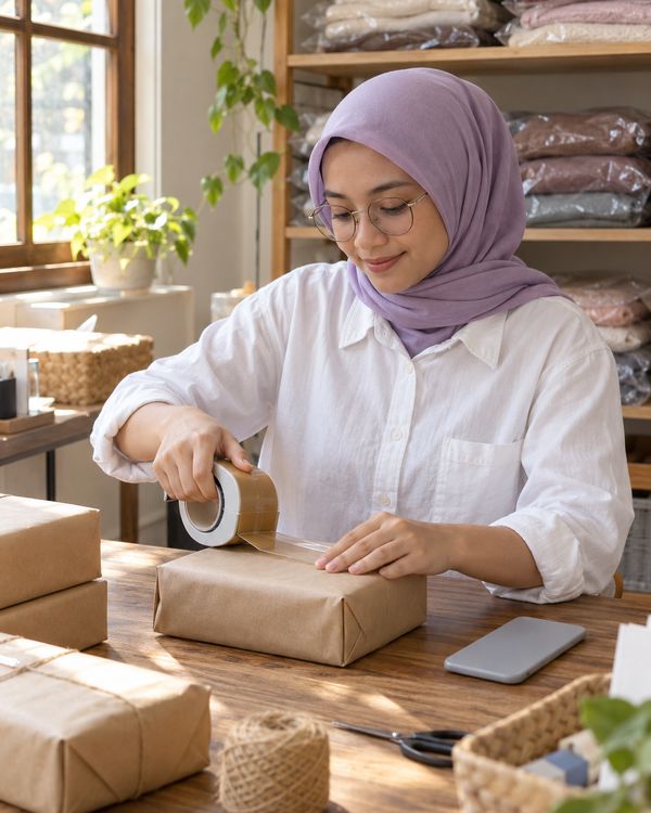 Foto suasana (dibuat AI, bukan foto usaha sungguhan): pemilik toko daring berhijab lilac membungkus paket kiriman di meja kerjanya.